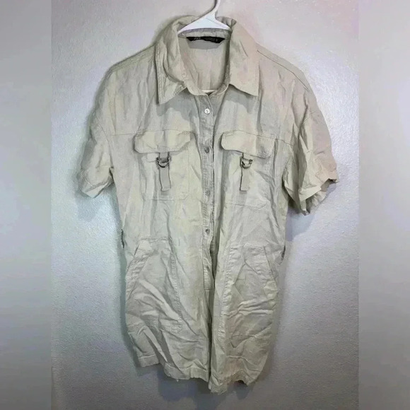 Zara Women's Linen Viscose Blend Short Sleeve Button Up Beige Romper Size M - Picture 2 of 7